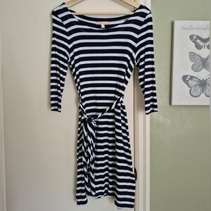 EUC Banana Republic Navy & White Striped Scoopneck 3/4-Sleeve Midi Dress, XSP